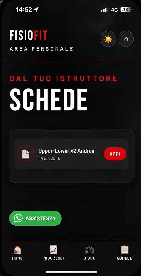 Schermata dell'app FISIOFIT con le schede di allenamento